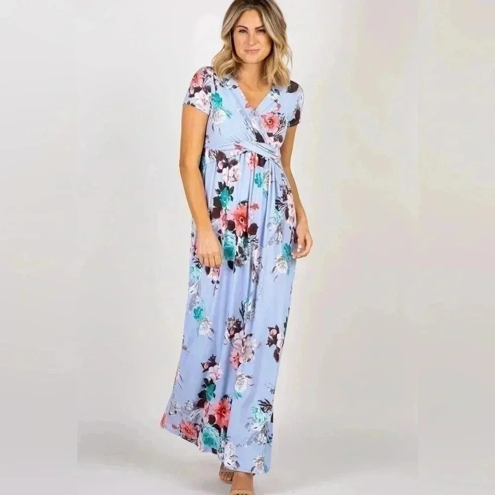 PinkBlush Light Blue Floral Draped Wrap Front Maxi Dress-Size  M